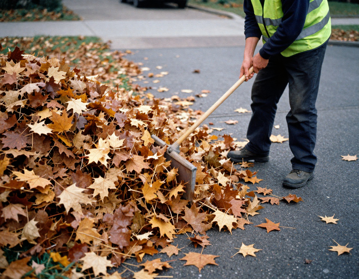 Professional leaf removal in progress